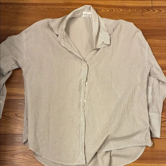 Felicite brown & white striped button down shirt 100% cotton size 2 light weight - Picture 3 of 5